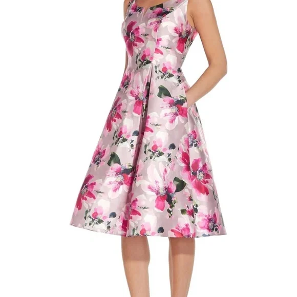 slim fit dress slacks Adrianna Papell Printed Embroidered Fit & Flare Dress main image 1